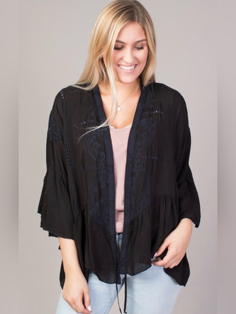 Johnny Was Demoran kimono cupro rayon blk eyelet & embr w bell slvs SZ XS fairy